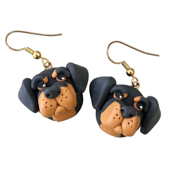 VTG 1983 HANDMADE ROTTWEILER EARRINGS JEWLERY CLAY SIGNED PET LOVER DOG MOM GIFT - Picture 1 of 6